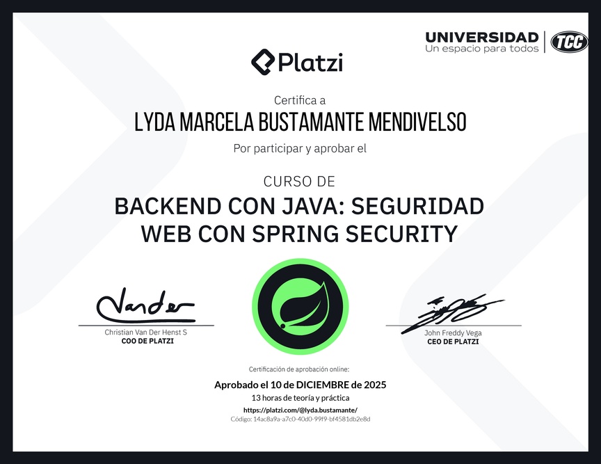 Diploma del Curso de Java Spring Security: Autenticación y Seguridad Web