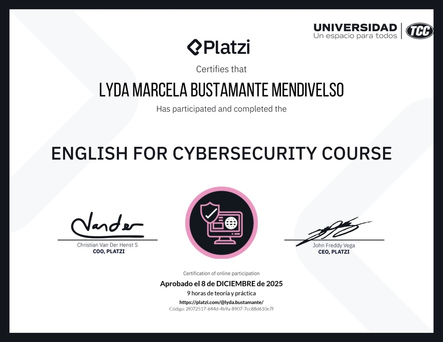 Diploma del Curso de Inglés para Ciberseguridad