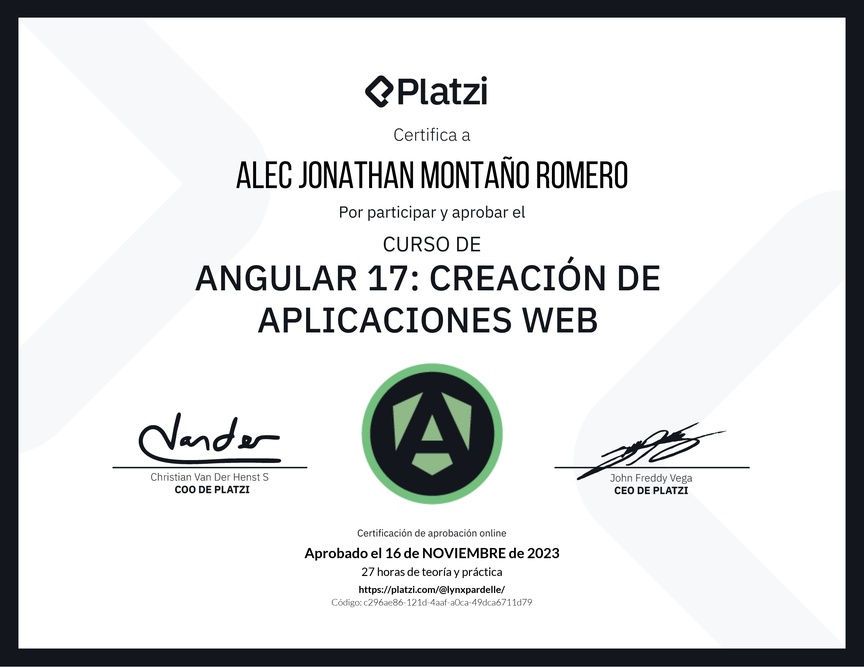 Diploma del Curso de Angular: Creación de Aplicaciones Web