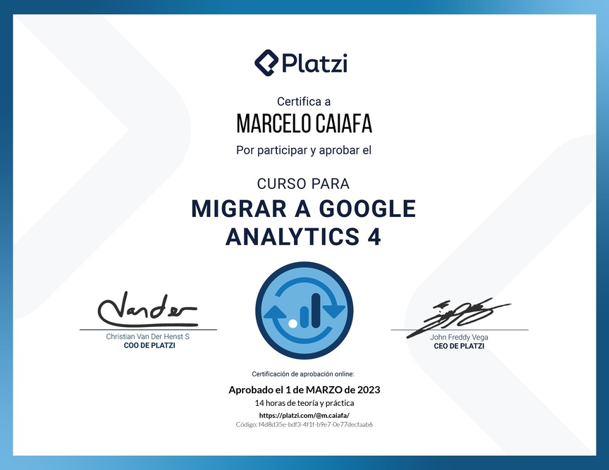 Diploma del Curso de Migración de Datos a Google Analytics 4