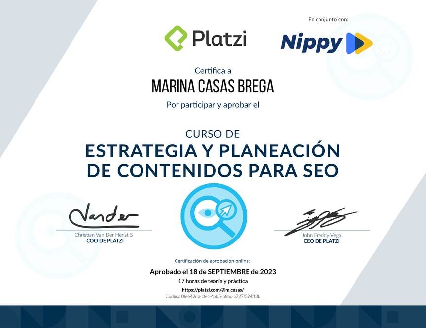 Diploma del Curso de Estrategia y Planeación de Contenidos para SEO (2020)