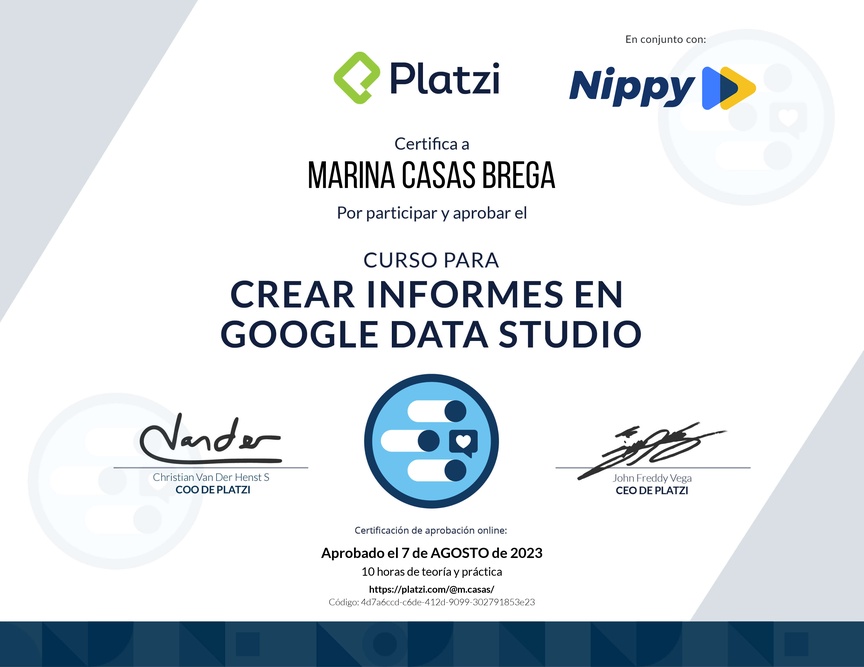 Diploma del Curso para Crear Informes de Redes Sociales con Google Data Studio