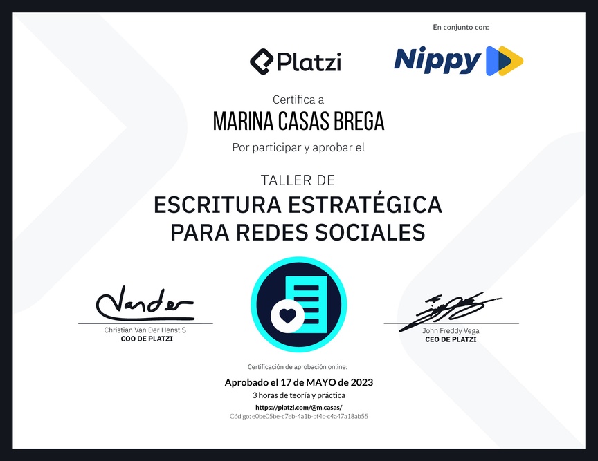 Diploma de Taller de Escritura Estratégica para Redes Sociales
