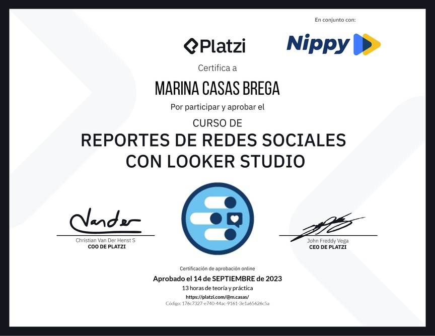 Diploma del Curso de Generación de Reportes de Redes Sociales con Looker Studio