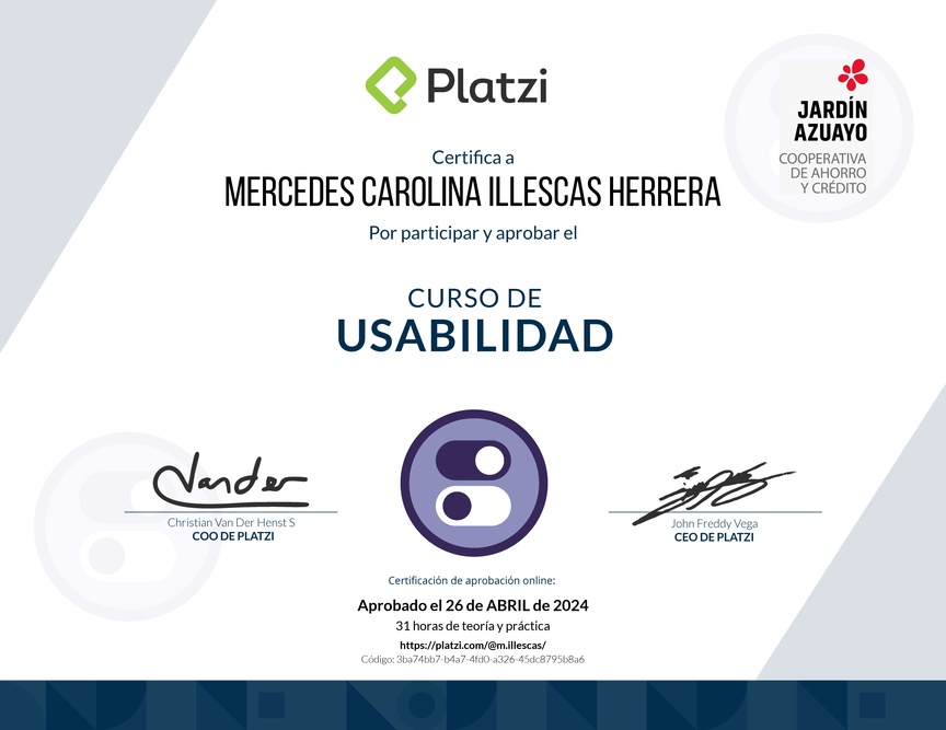 Diploma del Curso de Usabilidad: Principios, Pruebas y Herramientas Avanzadas