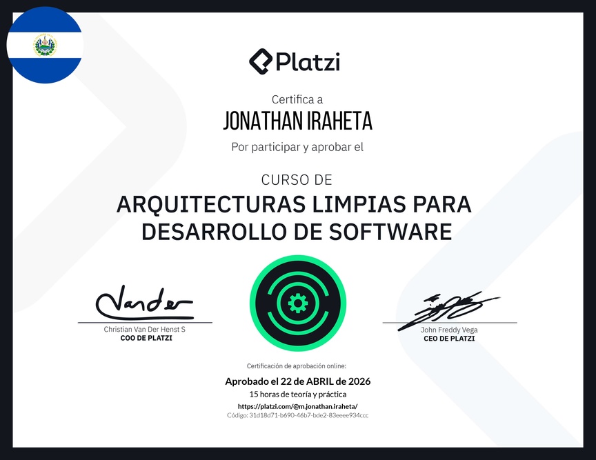 Diploma del Curso de Arquitecturas Limpias para Desarrollo de Software
