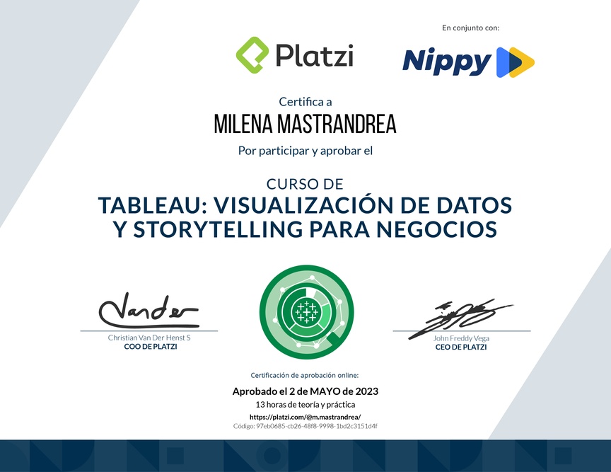 Diploma del Curso de Tableau: Visualización de Datos y Storytelling para Negocios