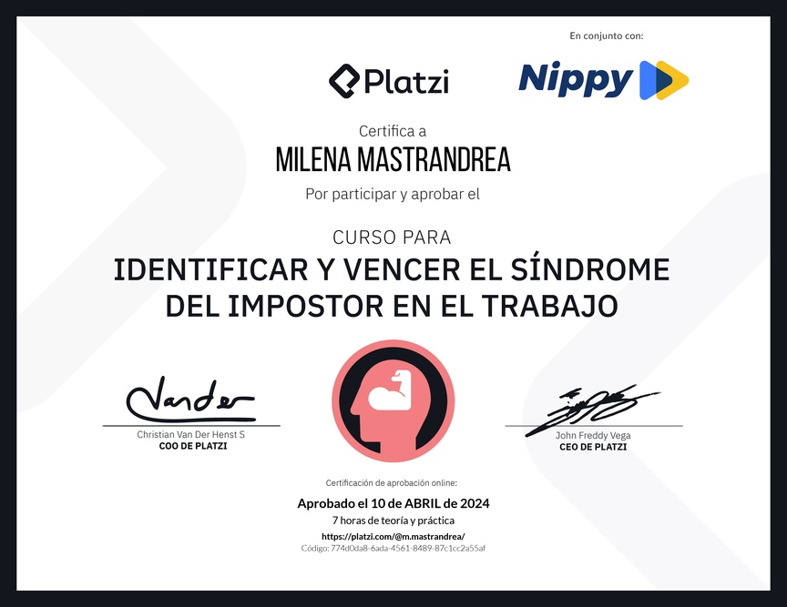 Diploma del Curso para Identificar y Vencer el Síndrome del Impostor