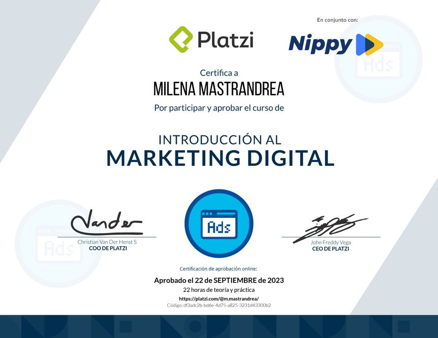 Diploma del Curso de Introducción al Marketing Digital (2022)