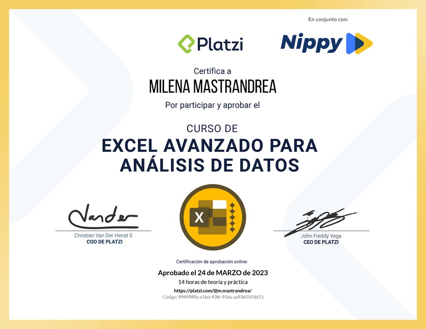 Diploma del Curso de Excel Avanzado para Análisis de Datos