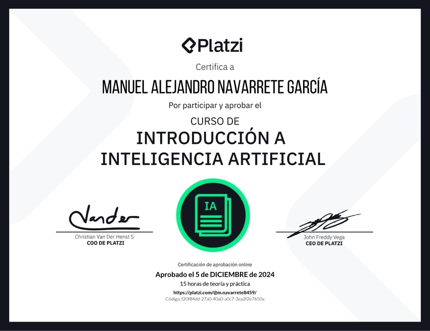 Diploma del Curso de Introducción a Inteligencia Artificial (2023)