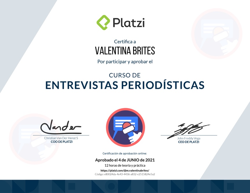 Diploma del Curso de Entrevistas Periodísticas