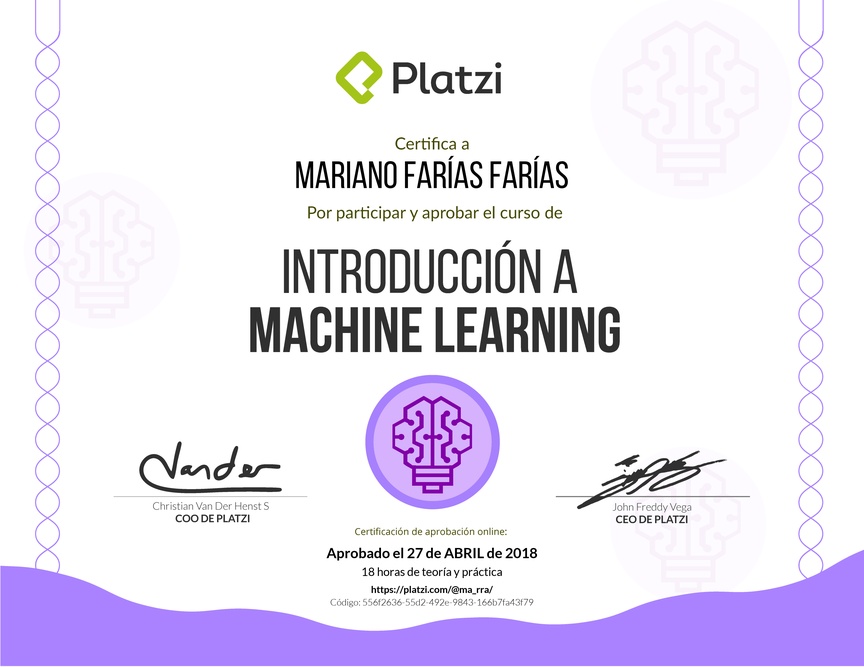 Diploma del Curso de Introducción a Machine Learning 2017