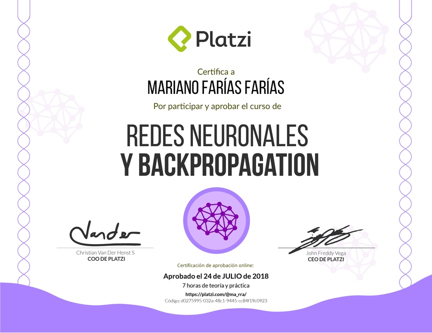 Diploma del Curso de Redes Neuronales y Backpropagation 2017