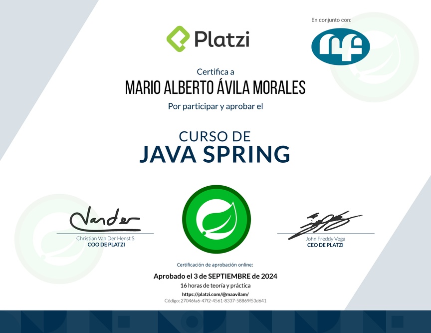 Diploma del Curso de Java Spring