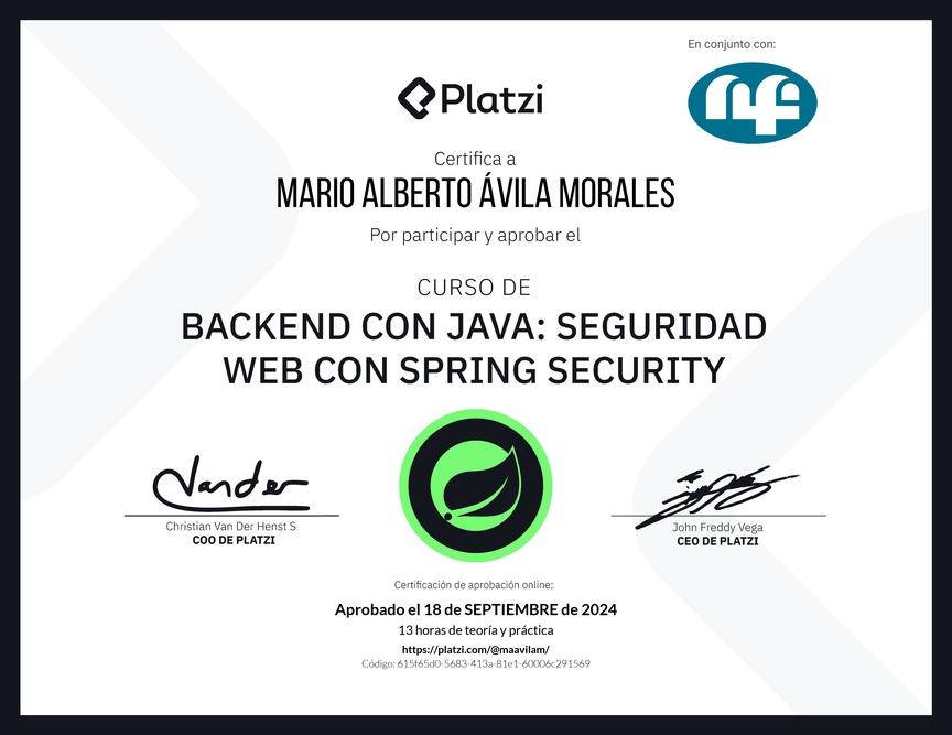 Diploma del Curso de Java Spring Security: Autenticación y Seguridad Web
