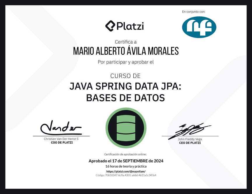 Diploma del Curso de Java Spring Data JPA: Bases de Datos