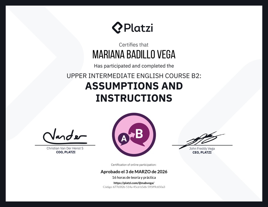 Diploma del Curso de Inglés Intermedio Alto B2: Suposiciones e Instrucciones