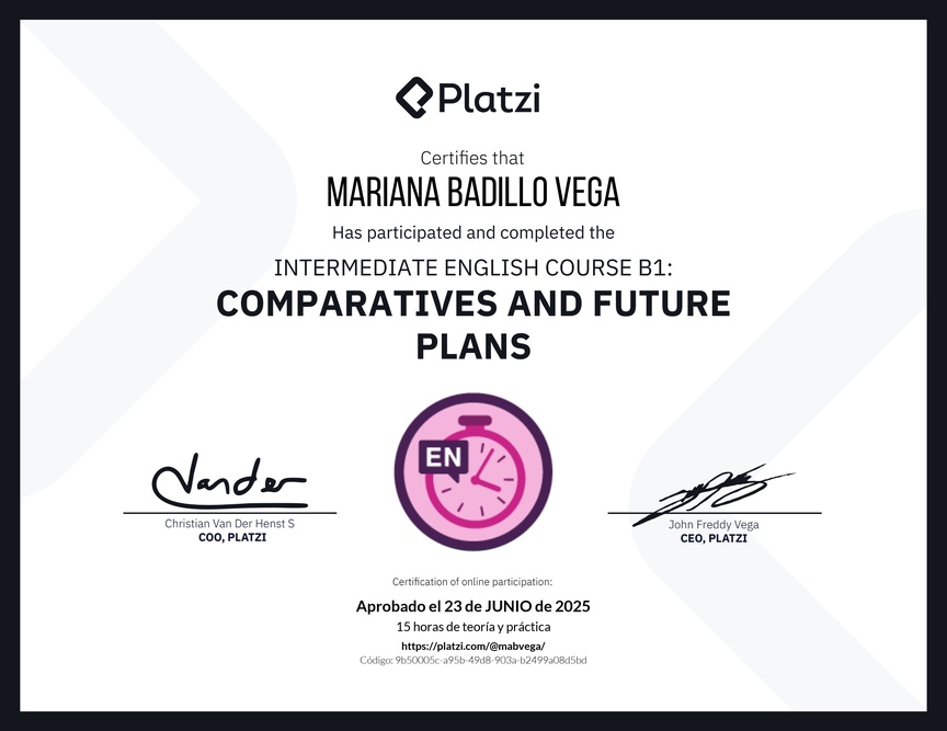 Diploma del Curso de Inglés Intermedio B1: Comparativos y Planes Futuros