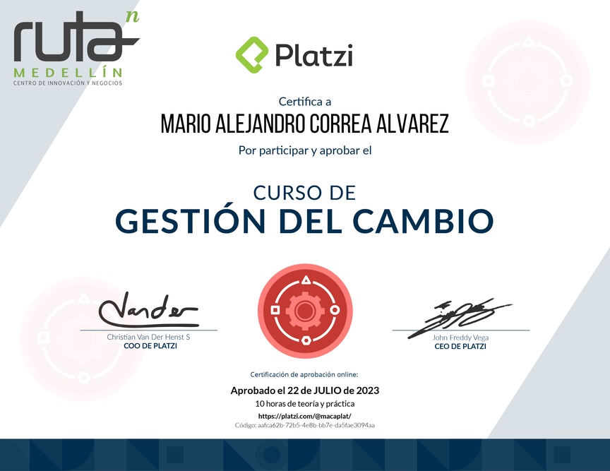 Diploma del Curso de Gestión del Cambio para Empresas