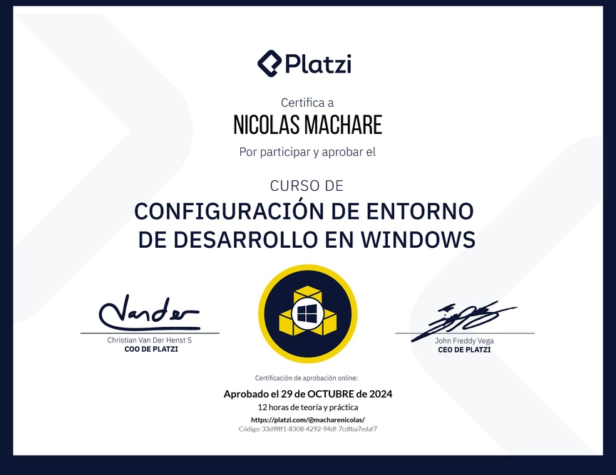 Diploma del Curso de Configuración de Entorno de Desarrollo en Windows