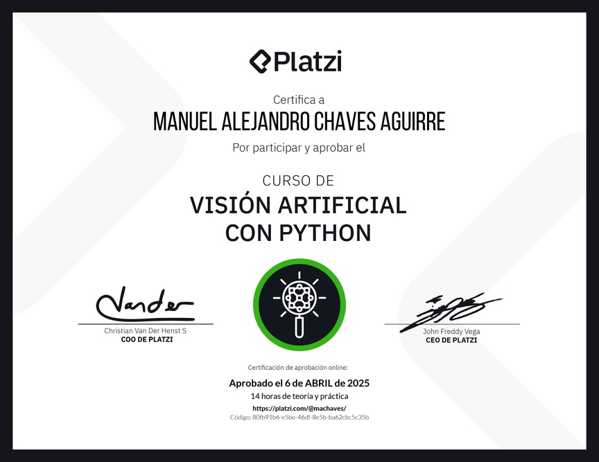 Diploma del Curso de Visión Artificial con Python