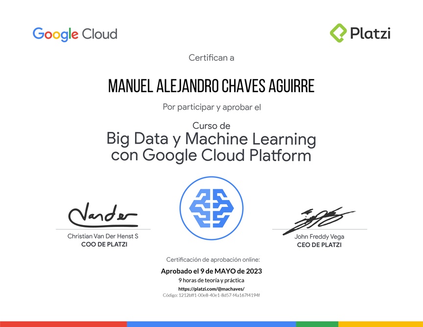 Diploma del Curso de Big Data y Machine Learning con Google Cloud Platform