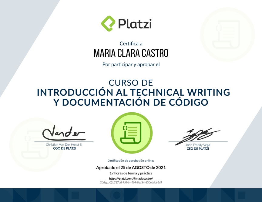 Diploma del Curso de Introducción al Technical Writing y Documentación de Código
