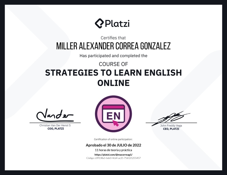Diploma del Curso Gratis de Estrategias para Aprender Inglés en Línea