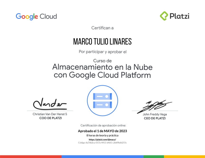 Diploma del Curso de Almacenamiento en la Nube con Google Cloud Platform