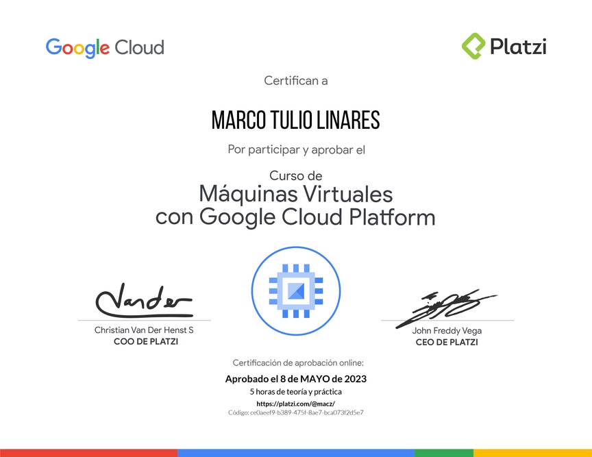 Diploma del Curso de Máquinas Virtuales con Google Cloud Platform