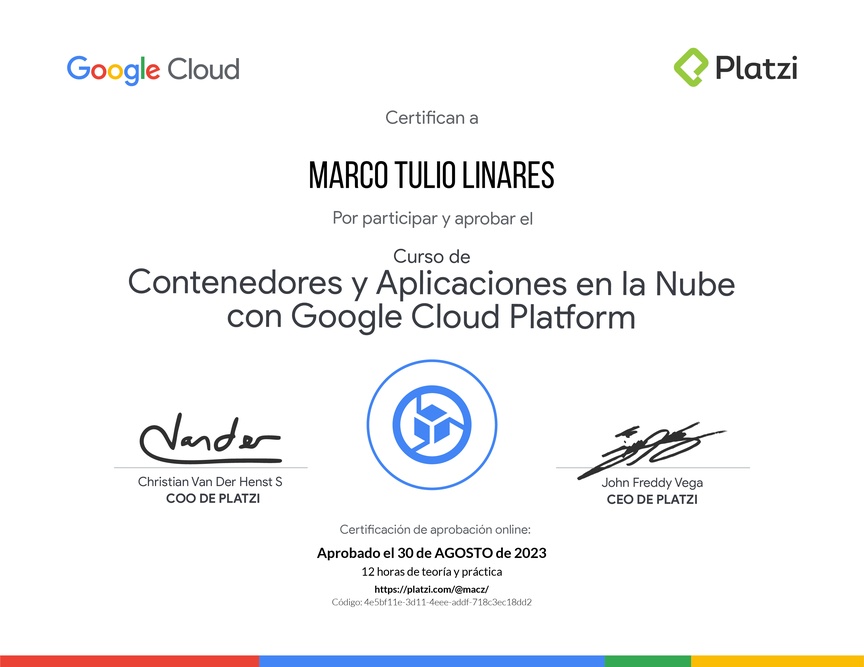 Diploma del Curso de Contenedores y Aplicaciones en la Nube con Google Cloud Platform