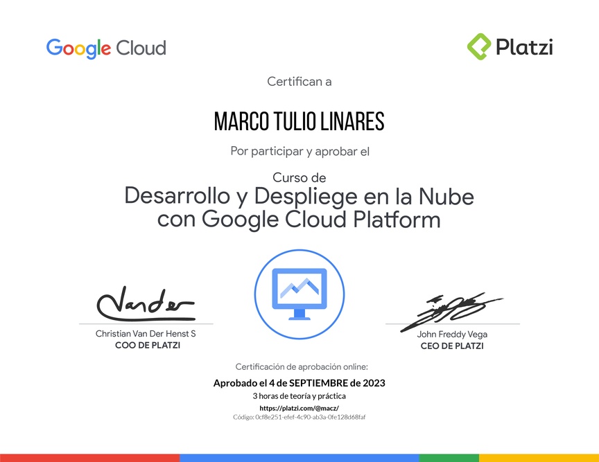 Diploma del Curso de Desarrollo y Despliegue en la Nube con Google Cloud Platform