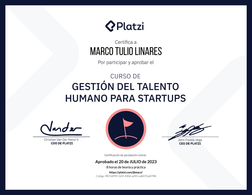 Diploma del Curso de Gestión del Talento Humano para Startups