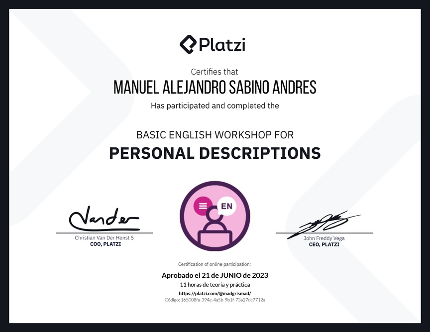 Diploma del Curso de Inglés Práctico para Descripciones Personales (2020=