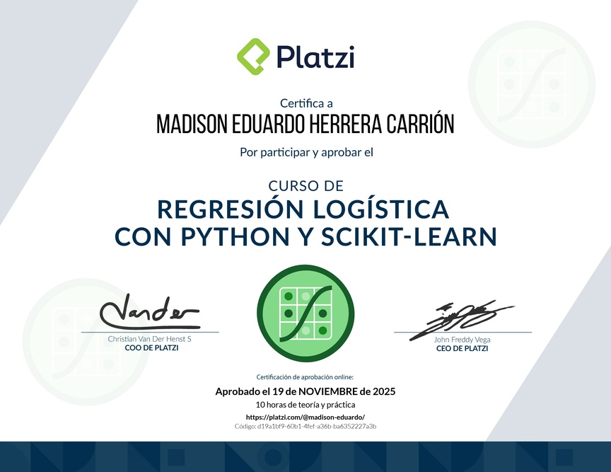 Diploma del Curso de Regresión Logística con Python y scikit-learn