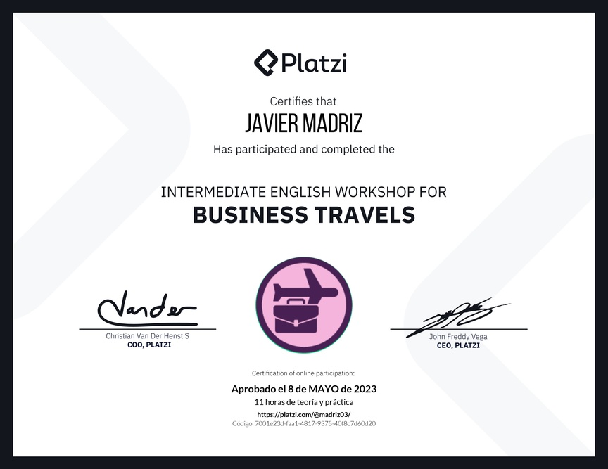 Diploma del Curso de Inglés Práctico para Viajes de Negocios