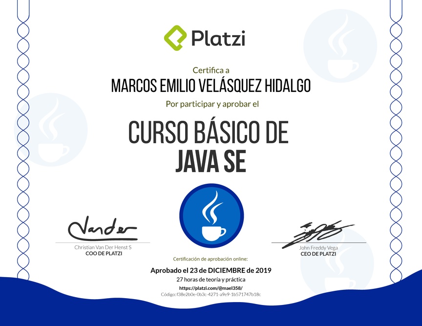 Diploma del Curso Básico de Java SE 2018
