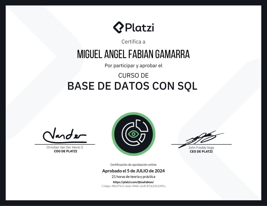Diploma del Curso de Bases de Datos con SQL - Deprecado