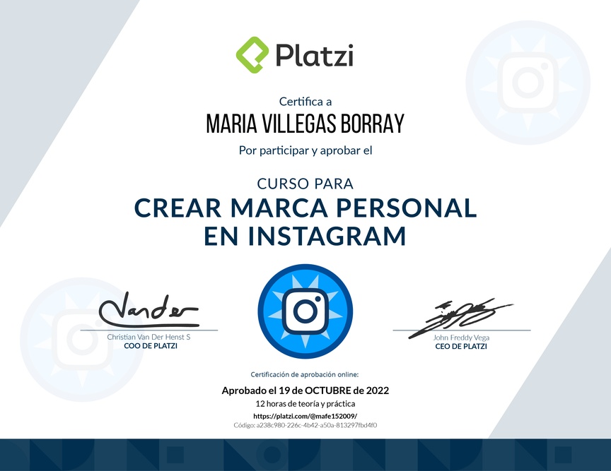 Diploma del Curso de Desarrollo de Marca Personal en Instagram