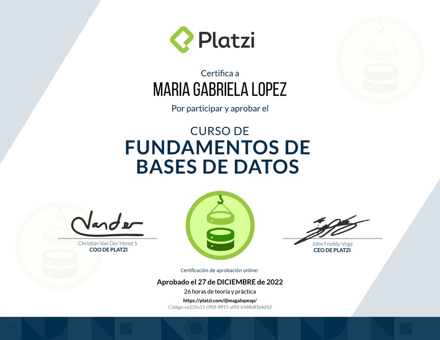 Diploma del Curso de Fundamentos de Bases de Datos 2019