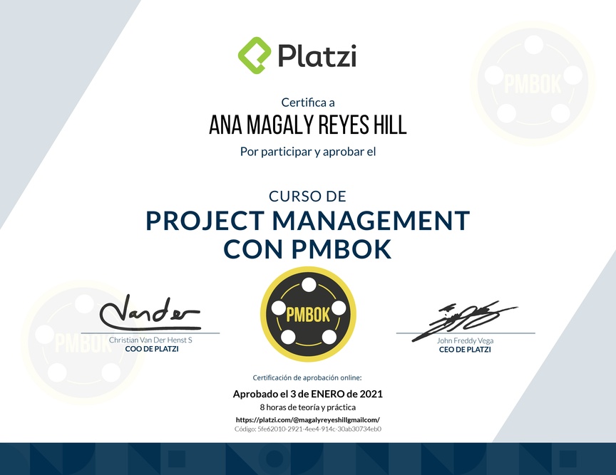 Diploma del Curso de Project Management con PMBOK