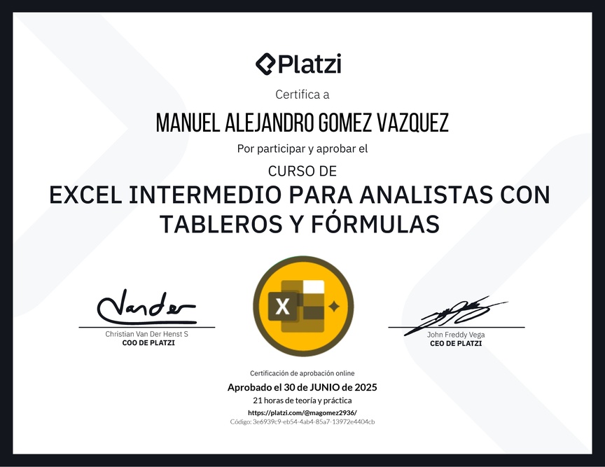 Diploma del Curso de Excel Intermedio para Analistas con Tableros y Fórmulas