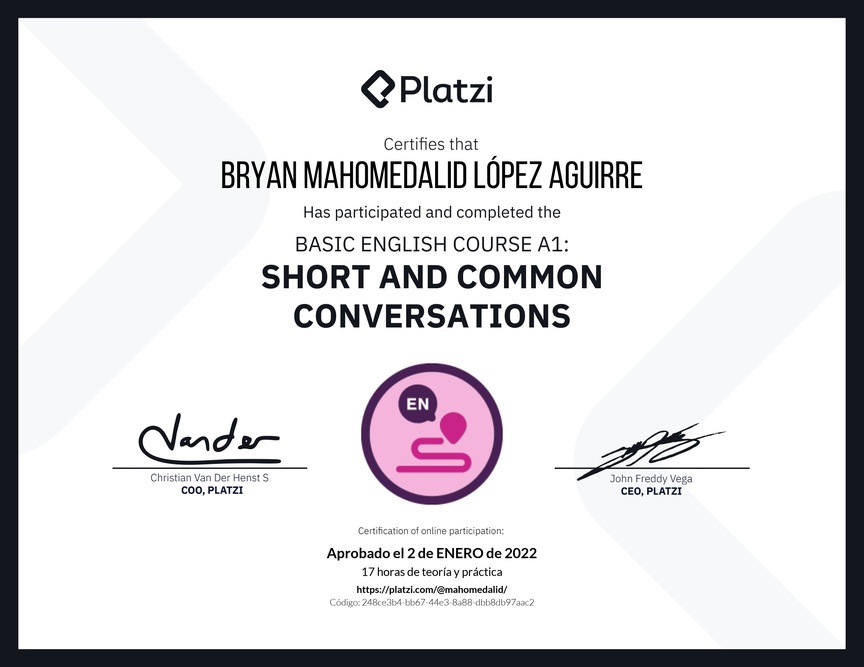 Diploma del Curso de Inglés Básico A1: Conversaciones Cortas y Habituales (2020)