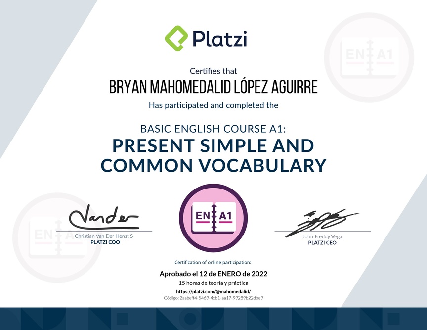 Diploma del Curso de Inglés Básico A1: Presente Simple y Vocabulario Común (2021)