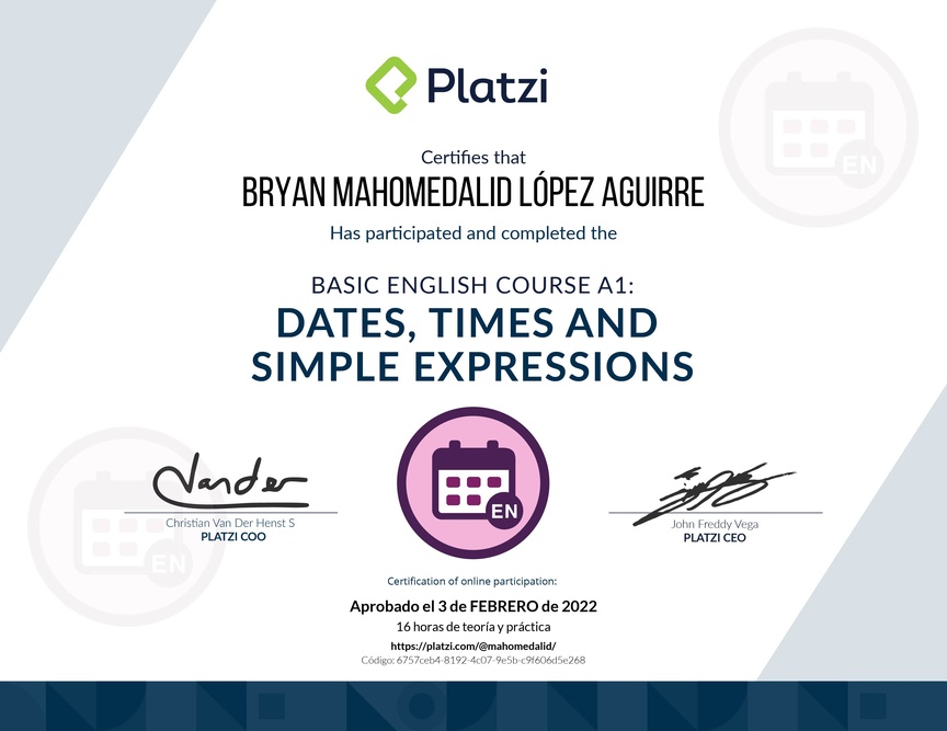 Diploma del Curso de Inglés Básico A1: Fechas, Horas y Expresiones Simples