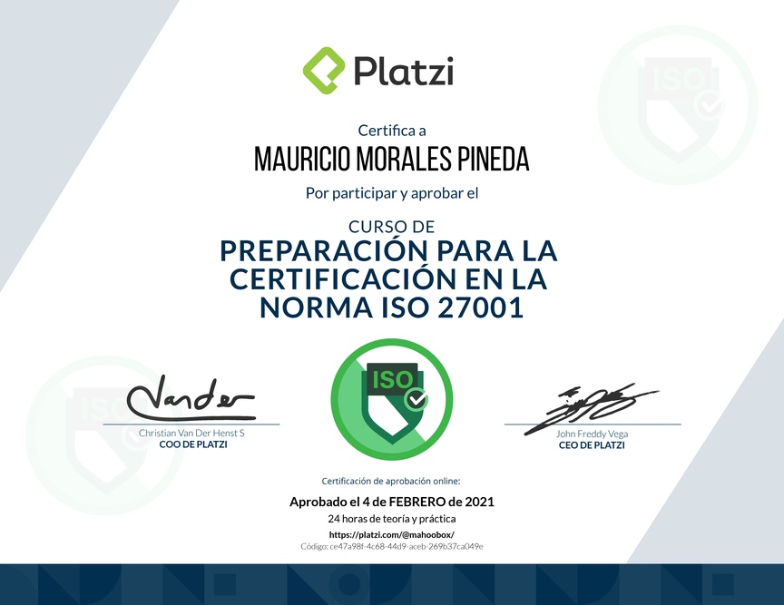 Diploma del Curso de Preparación para la Certificación en la Norma ISO 27001 (2020)