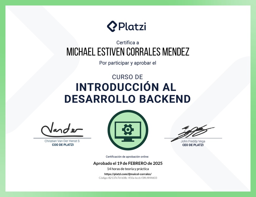Diploma del Curso de Introducción al Desarrollo Backend