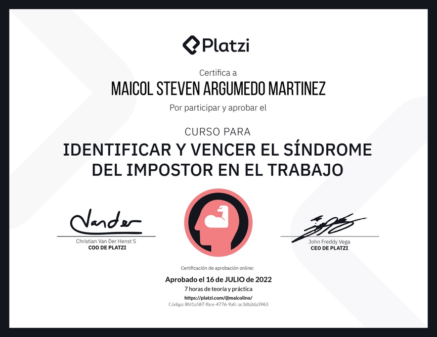 Diploma del Curso para Identificar y Vencer el Síndrome del Impostor