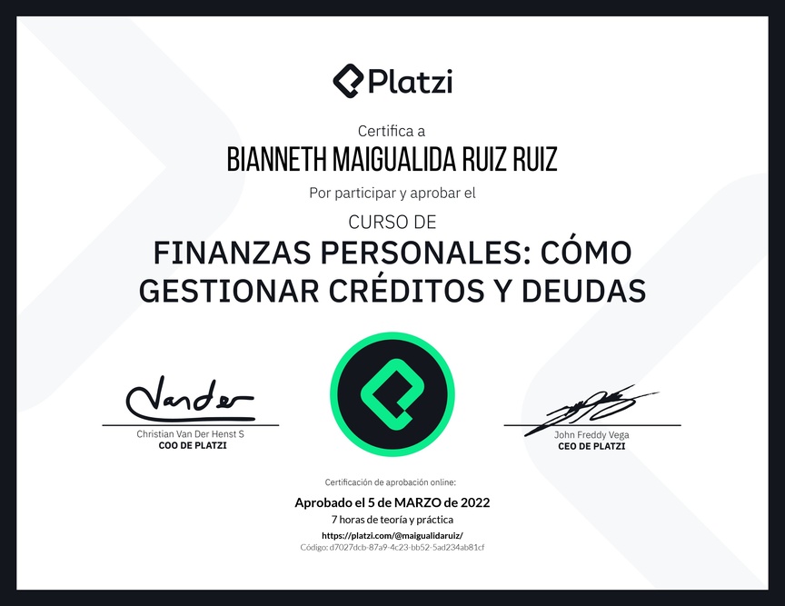 Diploma del Curso de Finanzas Personales: Cómo Gestionar Créditos y Deudas